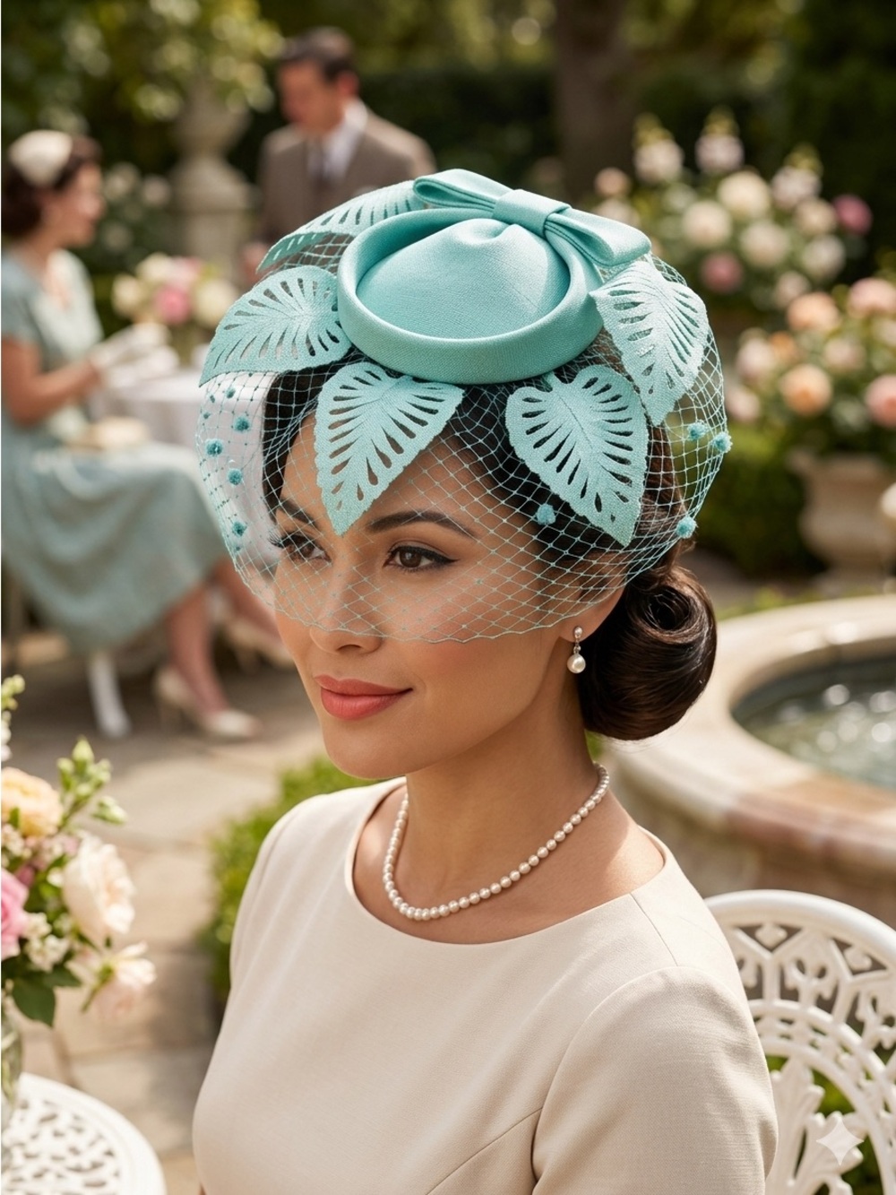 Vintage 1950s Aqua Leaf Halo Fascinator Hat Birdcage Veil Box